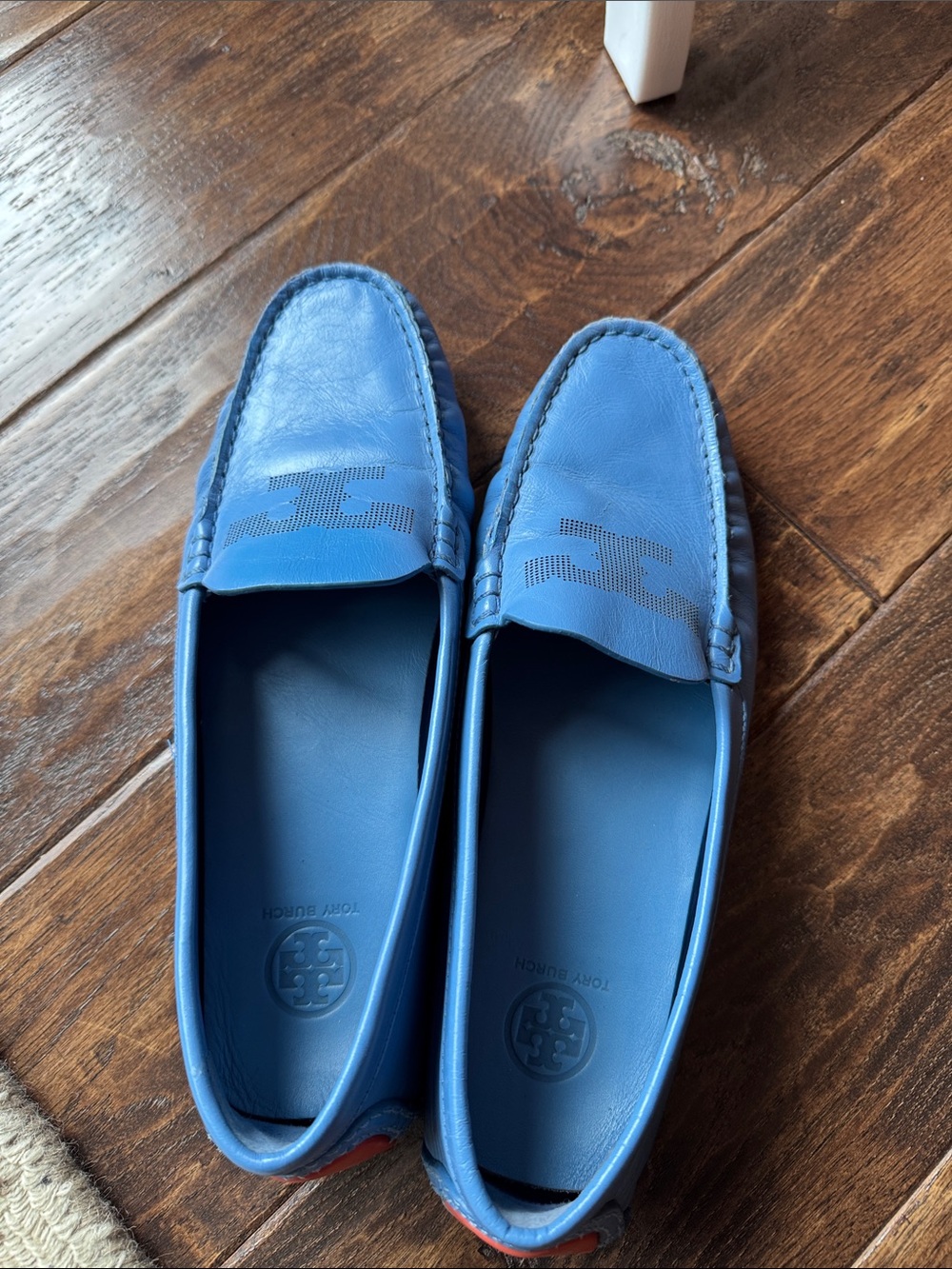 Tory Burch Perforated Logo Blue Leather Driving Loafers